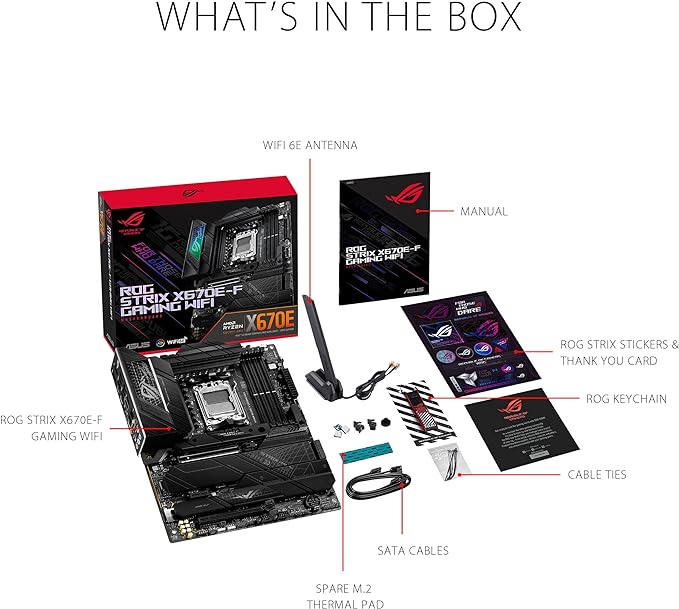 ASUS ROG Strix X670E-F Gaming WIFI6E Socket AM5 (LGA 1718) Ryzen 7000 Gaming Motherboard(PCIe 5.0, DDR5,16 + 2 Power Stages,Four M.2 Slots with heatsinks,USB 3.2 Gen 2x2,AI Cooling II, and Aura Sync) ASUS ROG Strix X670E-F Gaming WIFI6E Socket AM5 (LGA 1718) Ryzen 7000 Gaming Motherboard(PCIe 5.0, DDR5,16 + 2 Power Stages,Four M.2 Slots with heatsinks,USB 3.2 Gen 2x2,AI Cooling II, and Aura Sync)
